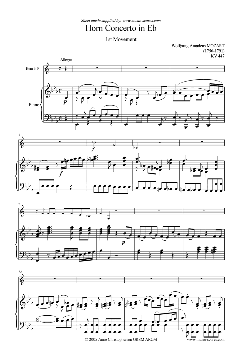Front page of K447 Horn Concerto No 03: 1st mvt, Allegro sheet music