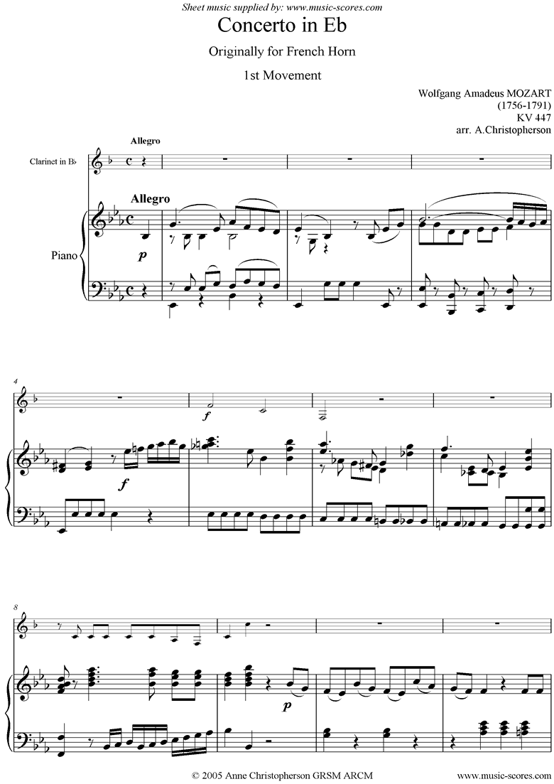 Front page of K447 Horn Concerto No 03: a: Allegro Clarinet sheet music