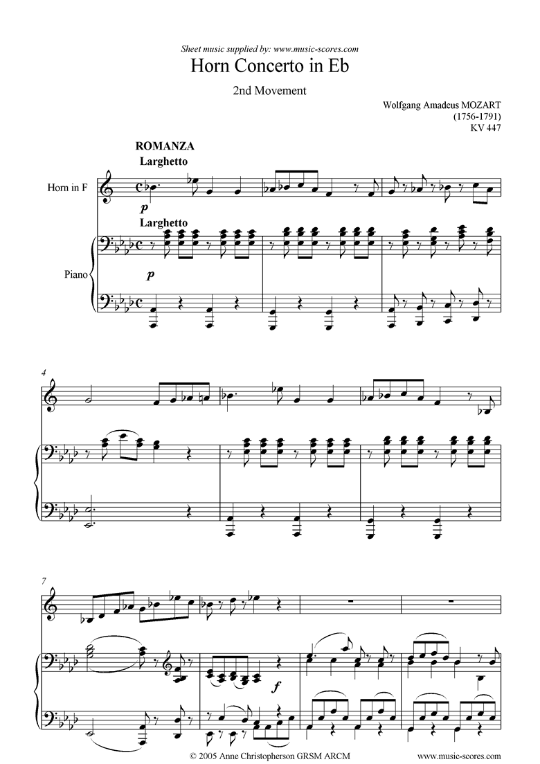 Front page of K447 Horn Concerto No 03: 2nd mvt, Romanza sheet music