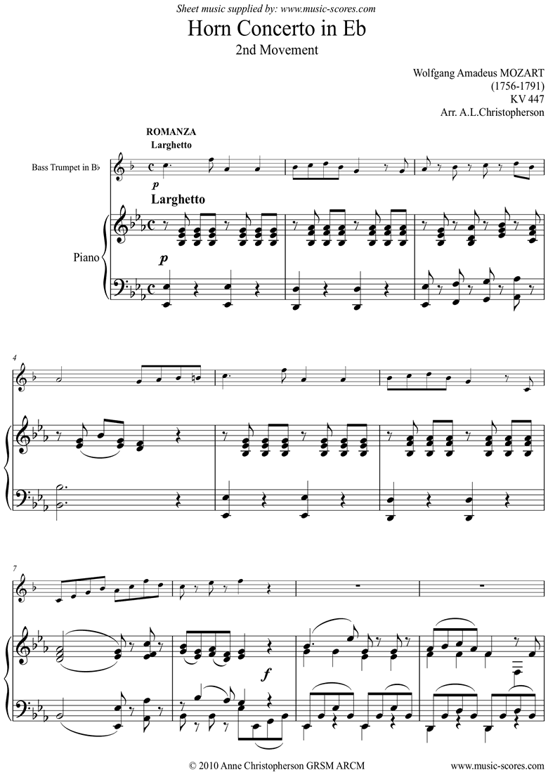 Front page of K447 Horn Concerto No.3, 2nd mt: Romanza: Bass Tpt sheet music