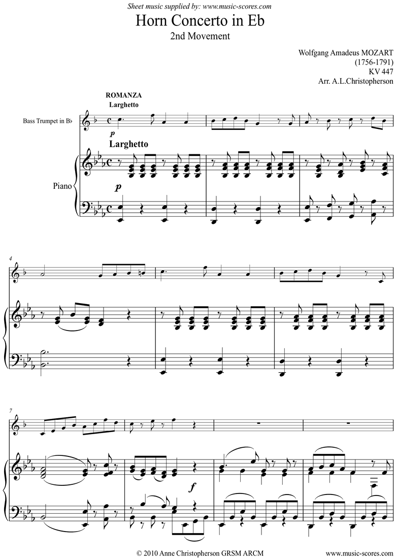 K447 Horn Concerto No.3, 2nd mt: Romanza: Bass Tpt by Mozart