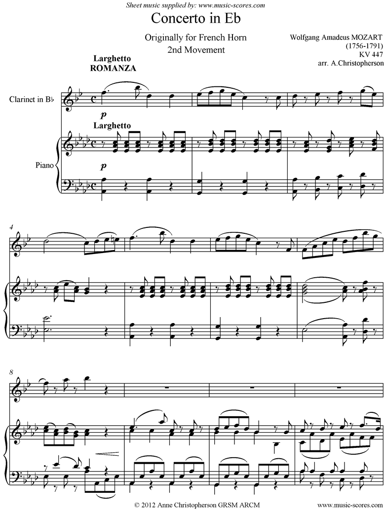 Front page of K447 Horn Concerto No 03: b: Romanza Clarinet sheet music