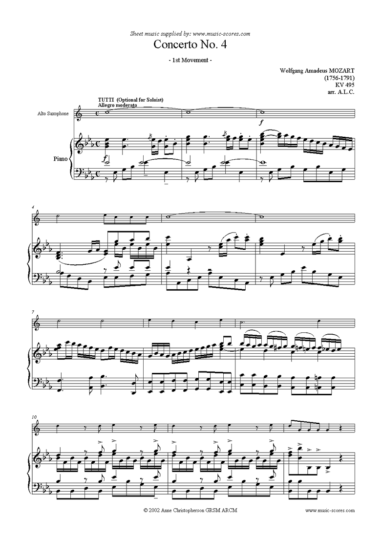 Front page of K495 Horn Concerto in Eb, 1st Movement: Alto Sax sheet music