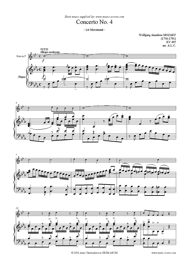 Front page of K495 Horn Concerto in Eb, 1st Movement: Horn in F sheet music