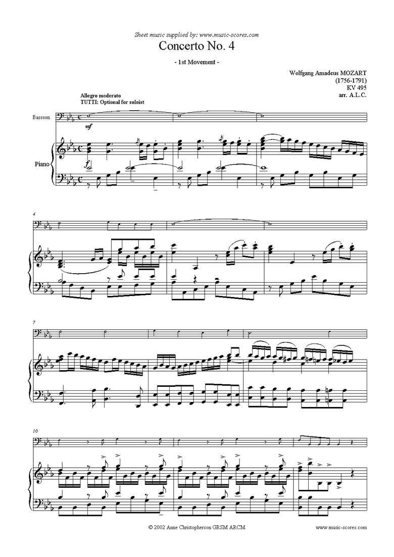 Front page of K495 Horn Concerto in Eb, 1st Movement: Bassoon sheet music