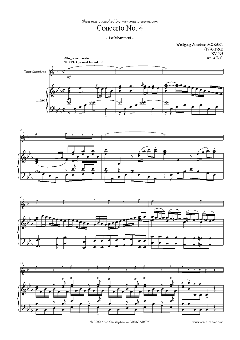 Front page of K495 Horn Concerto in Eb, 1st Movement: Tenor Sx sheet music