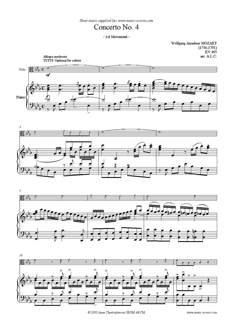 Front page of K495 Horn Concerto in Eb, 1st Movement: Viola sheet music