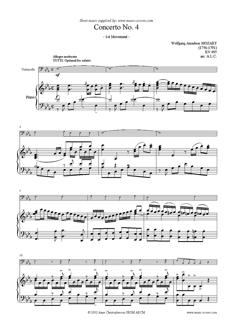 Front page of K495 Horn Concerto in Eb, 1st Movement: Cello sheet music