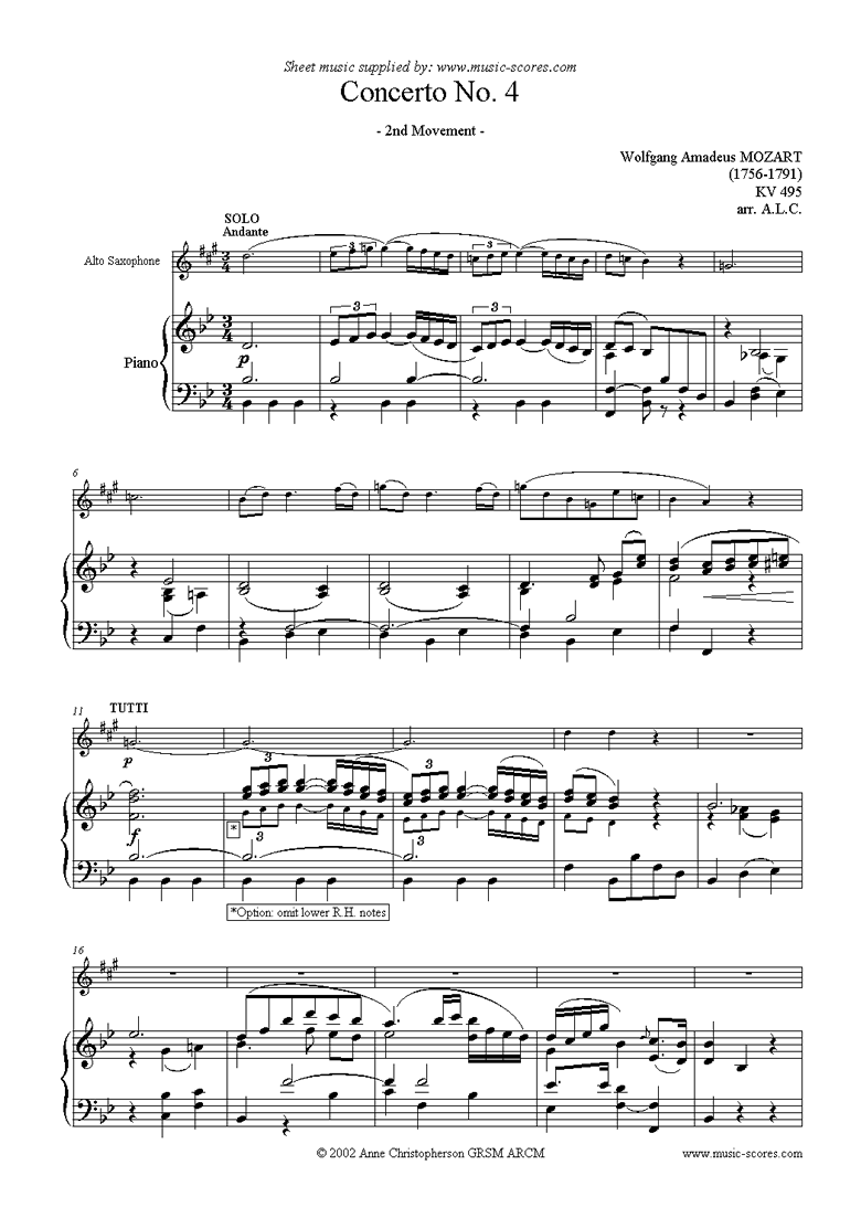 Front page of K495 Horn Concerto in Eb, 2nd Movement: Alto sax sheet music