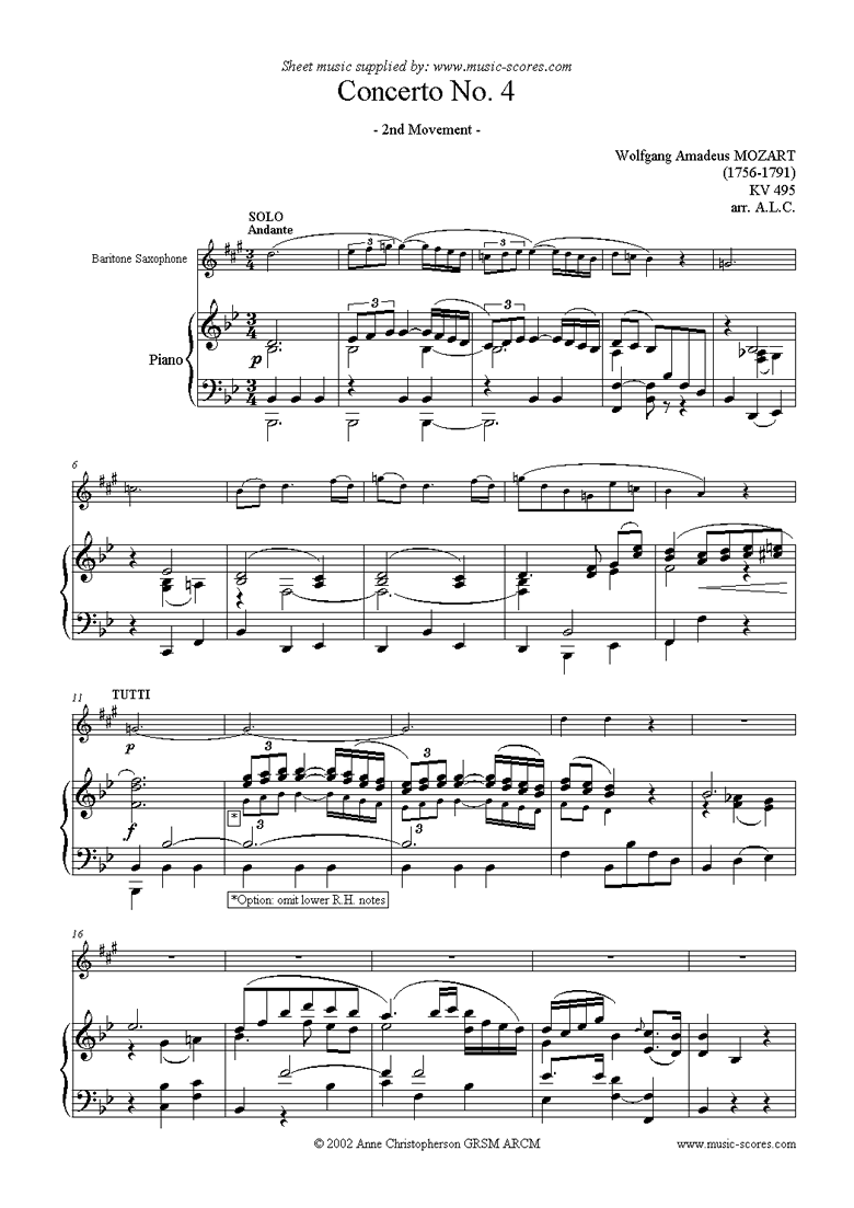 Front page of K495 Horn Concerto in Eb, 2nd Movement: Bari Sax sheet music