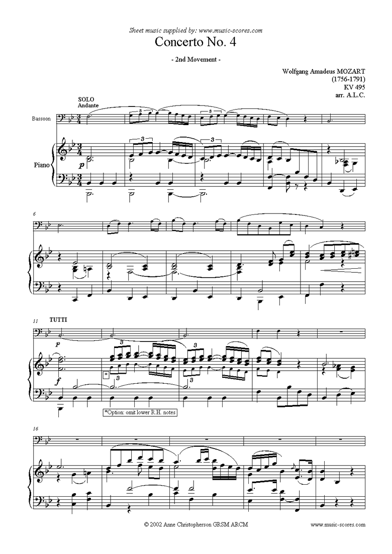 Front page of K495 Horn Concerto in Eb, 2nd Movement: Bassoon sheet music