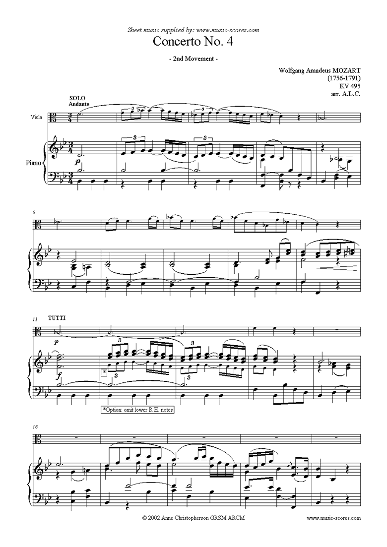 Front page of K495 Horn Concerto in Eb, 2nd Movement: Viola sheet music