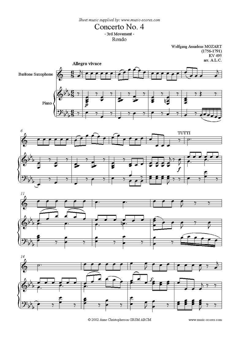 Front page of K495 Horn Concerto in Eb, 3rd Mvt Rondo: Bari Sax sheet music