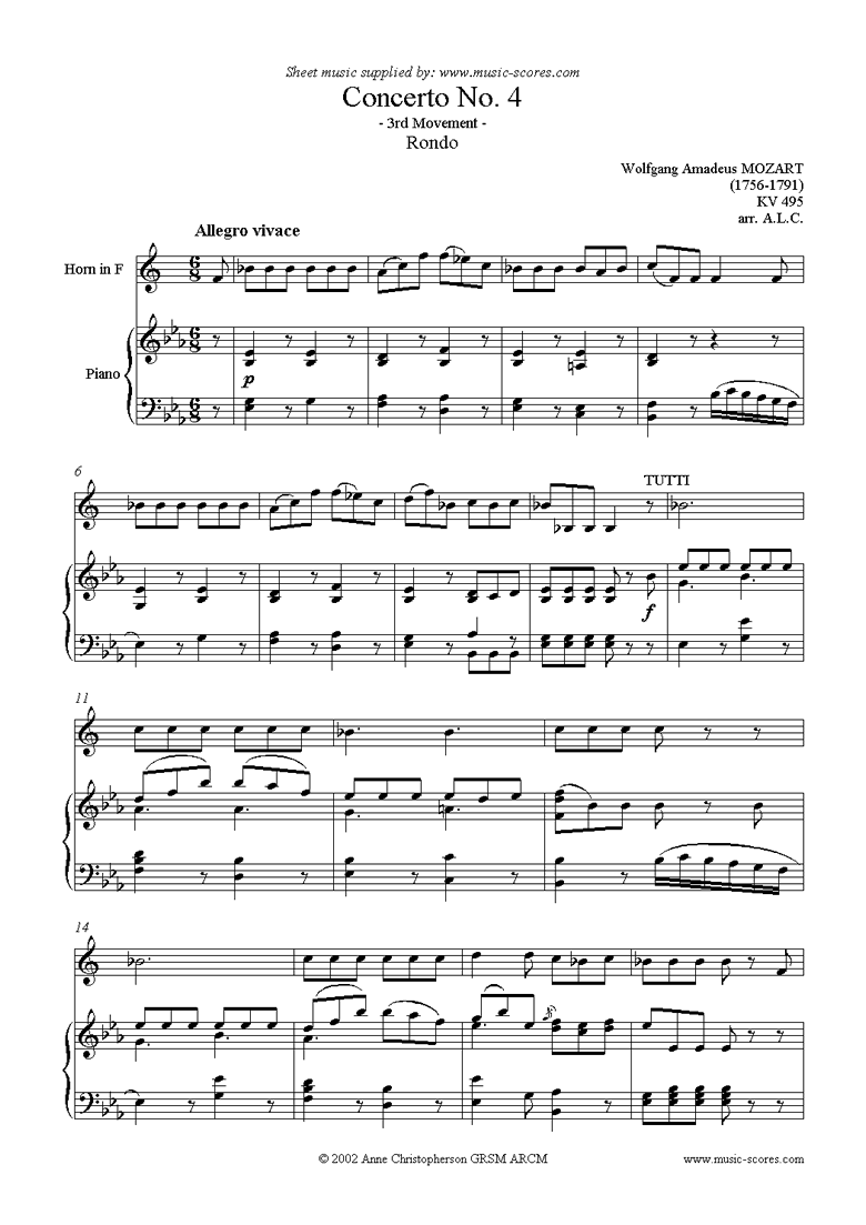 Front page of K495 Horn Concerto in Eb, 3rd Mvt Rondo: Horn F sheet music