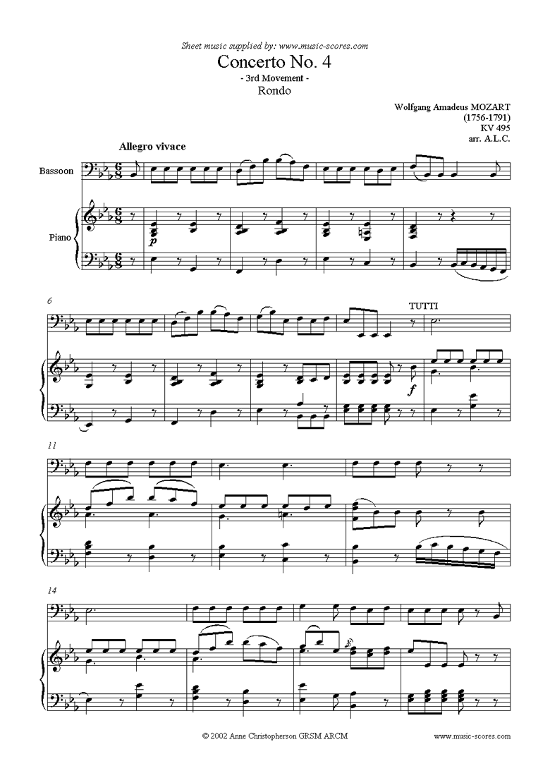 Front page of K495 Horn Concerto in Eb, 3rd Mvt Rondo: Bassoon sheet music