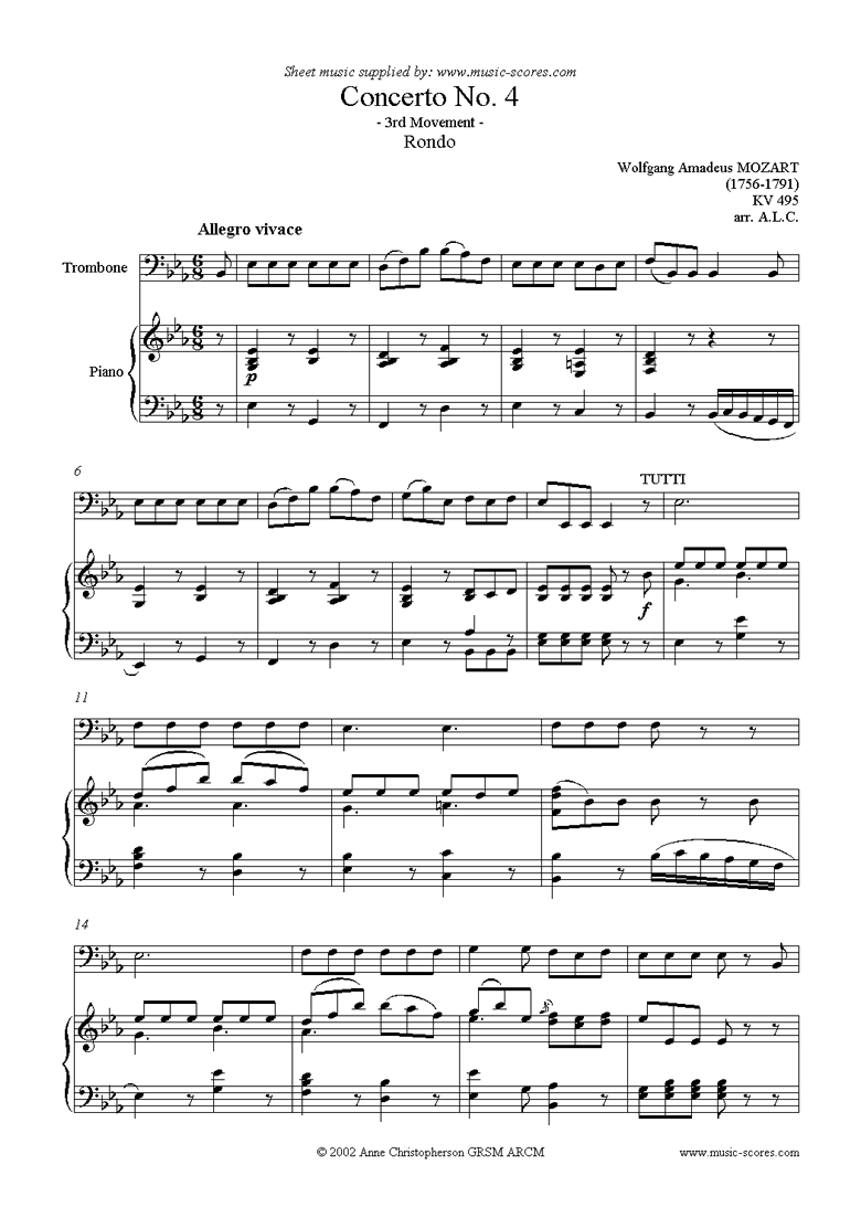 Front page of K495 Horn Concerto in Eb, 3rd Mvt Rondo: Trombone sheet music
