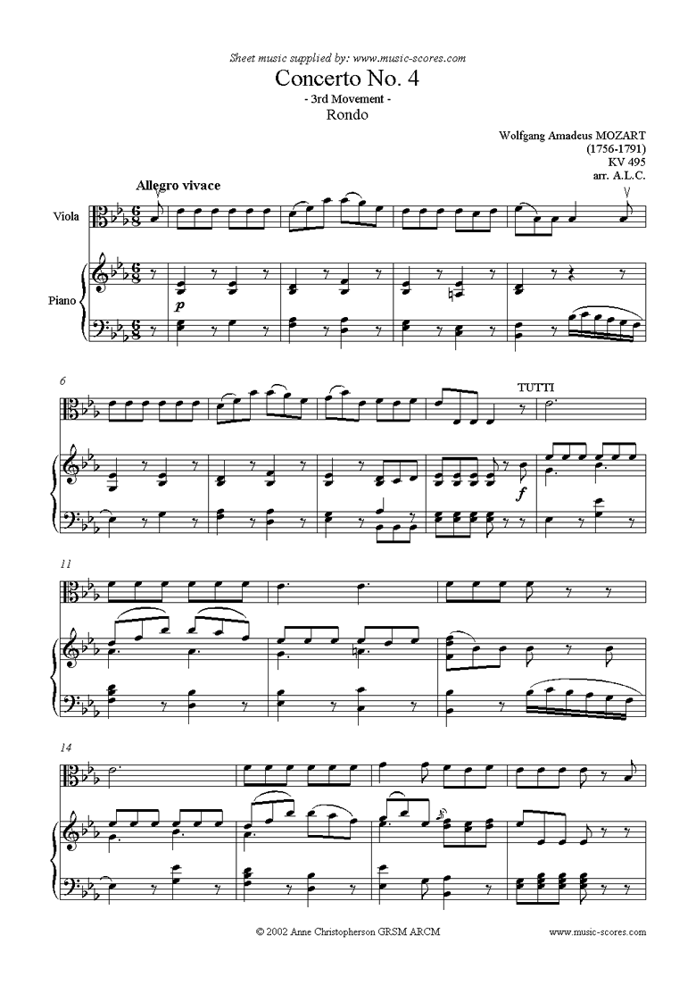 Front page of K495 Horn Concerto in Eb, 3rd Mvt Rondo: Viola sheet music