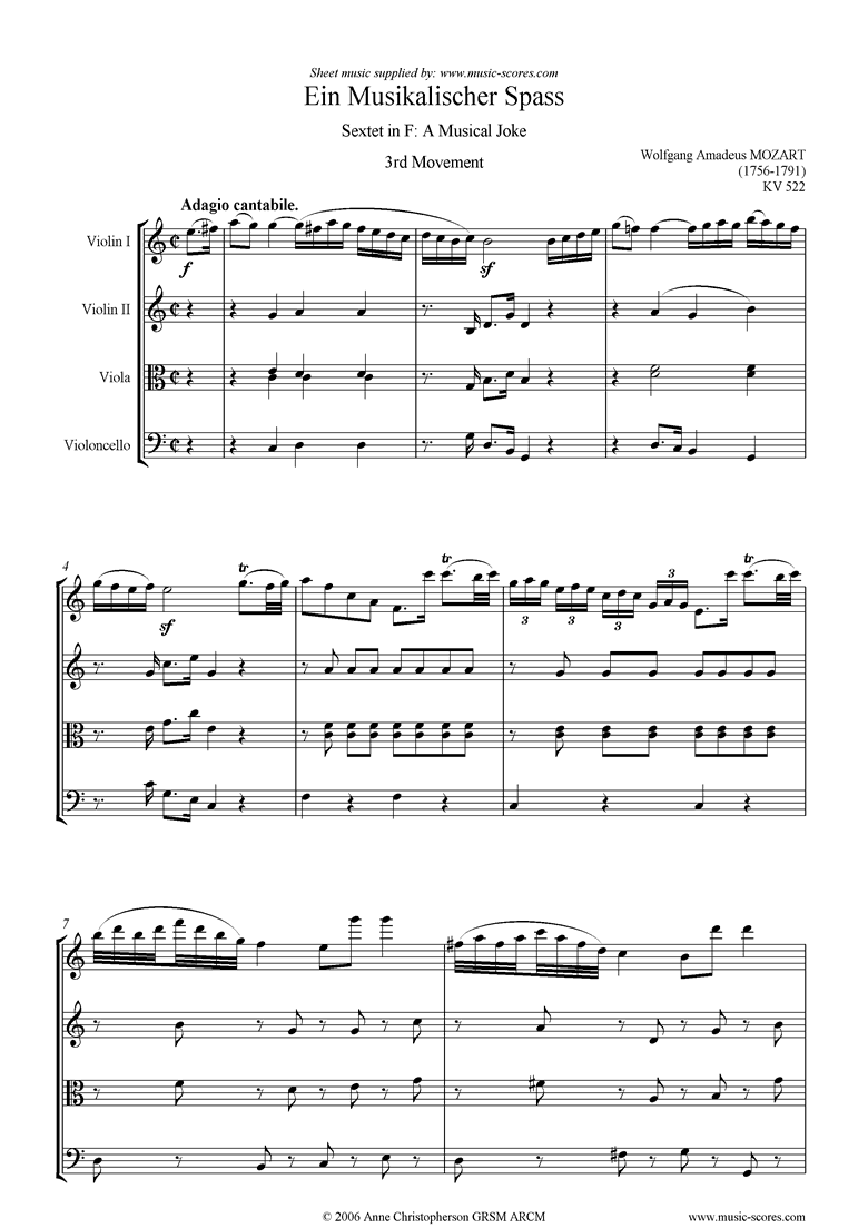Front page of K522 Musical Joke, 3rd Movement: Adagio cantabile sheet music
