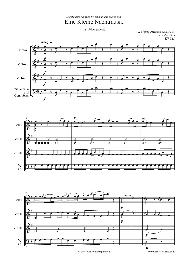 Front page of K525 Eine Kleine Nacht Musik 1: Allegro: 3vns & vc sheet music