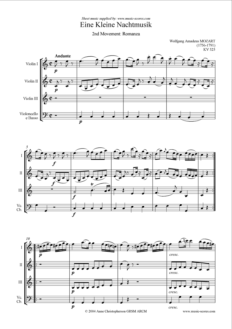 Front page of K525 Eine Kleine Nacht Musik 2: Romanza: 3vns & vc sheet music