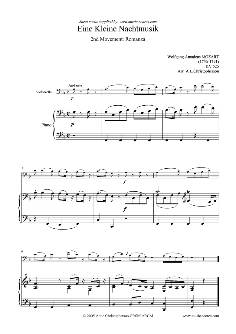 Front page of K525 Eine Kleine Nacht Musik 2: Romanza: Cello sheet music