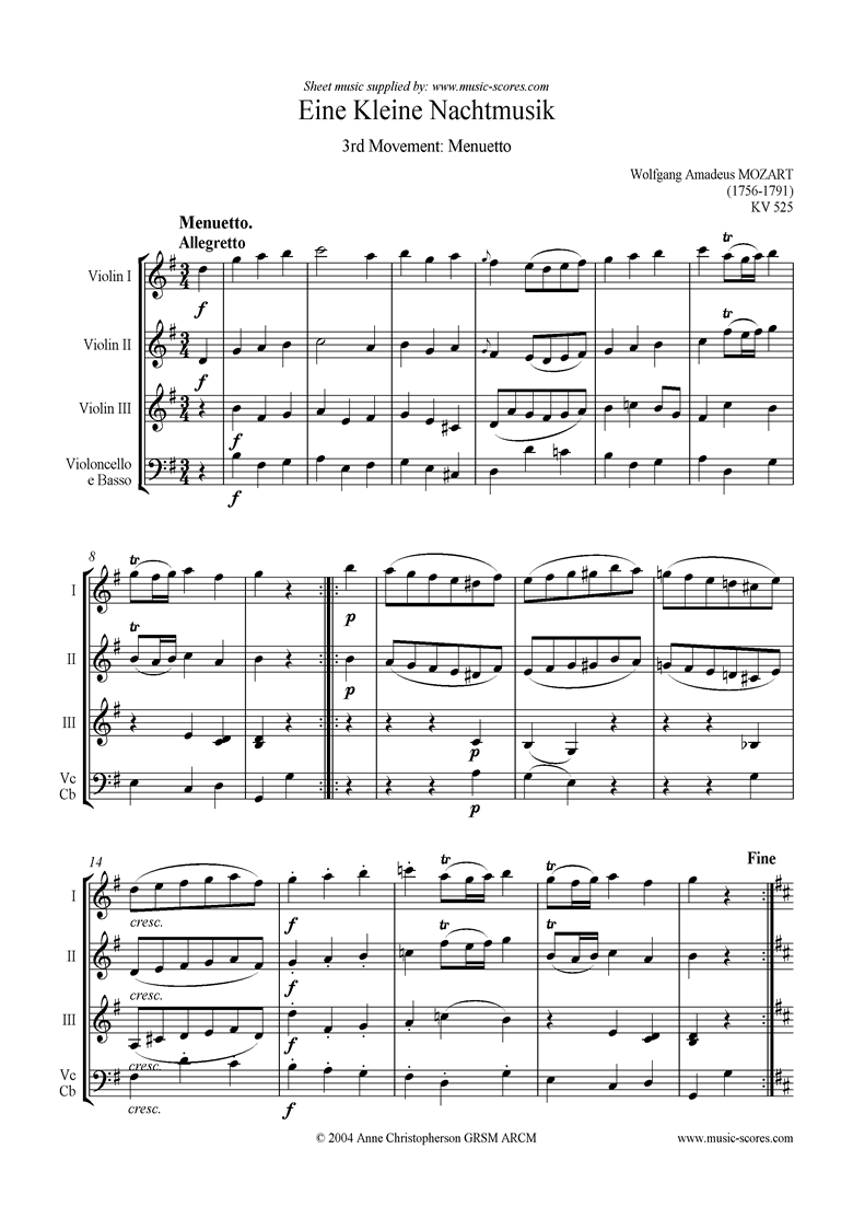 Front page of K525 Eine Kleine Nacht Musik 3: Minuet: 3vns & vc sheet music