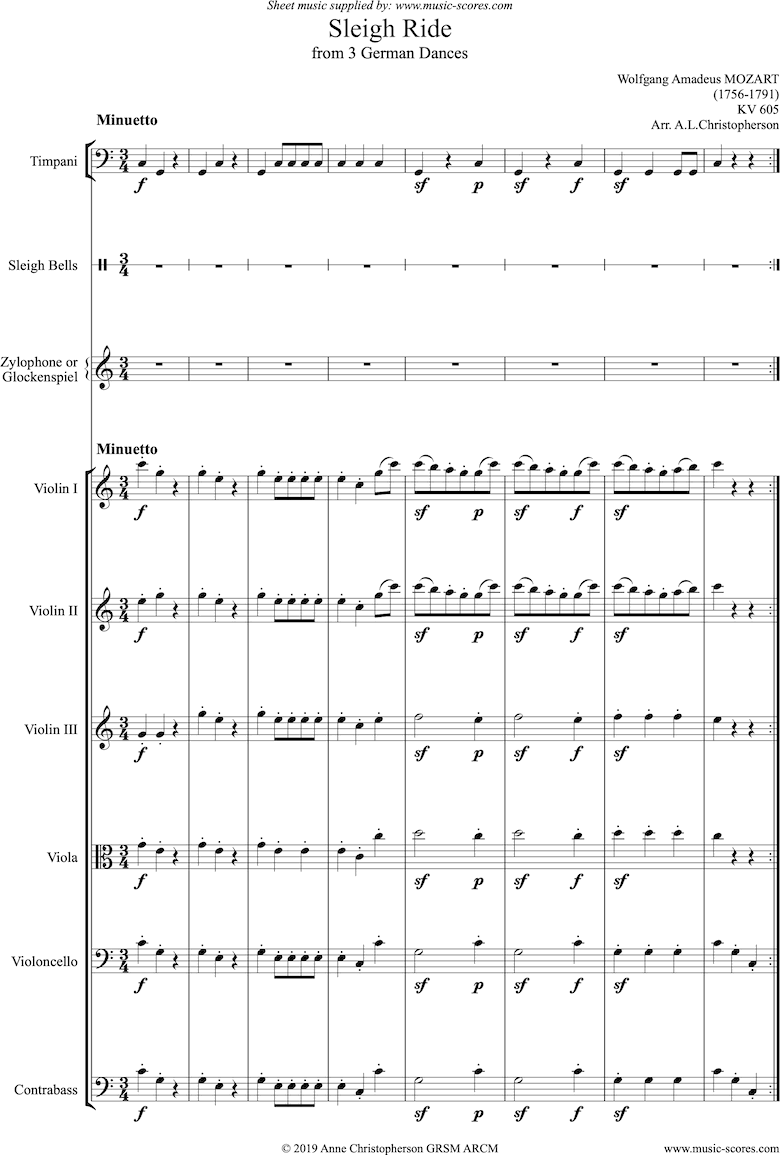 Front page of K605: Sleigh Ride: String quintet with bells and timps sheet music
