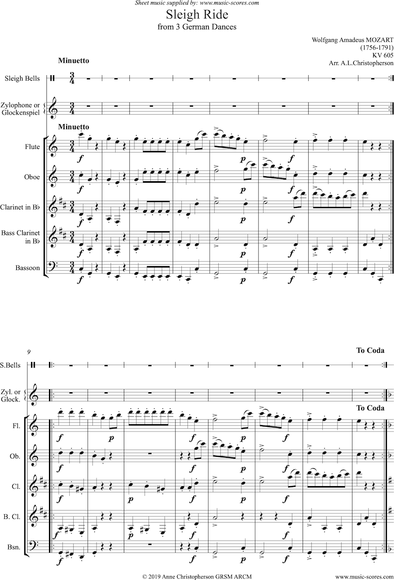 Front page of K605: Sleigh Ride: Wind quintet with timps and bells sheet music
