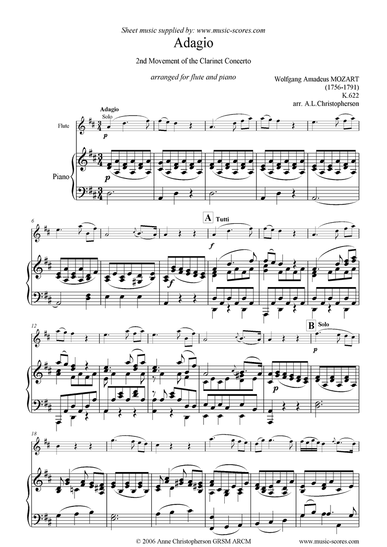 K622 Clarinet Concerto: 2nd: Flute by Mozart
