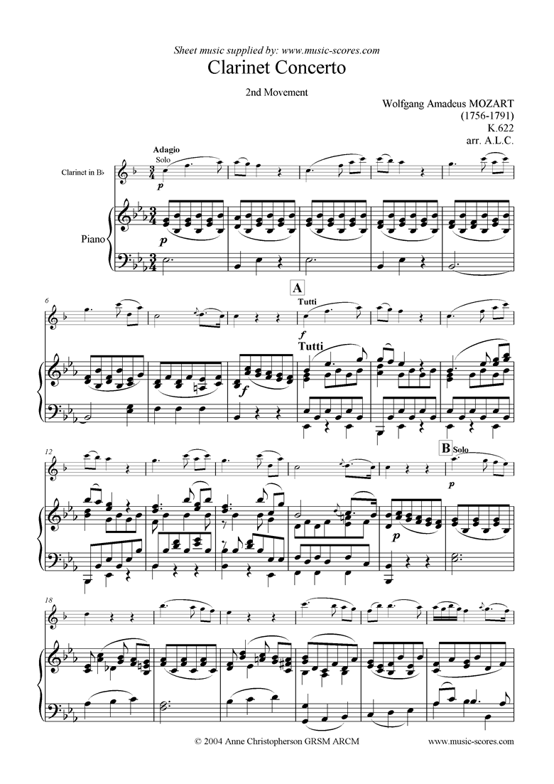 Front page of K622 Clarinet Concerto: Adagio: Clarinet in Bb sheet music