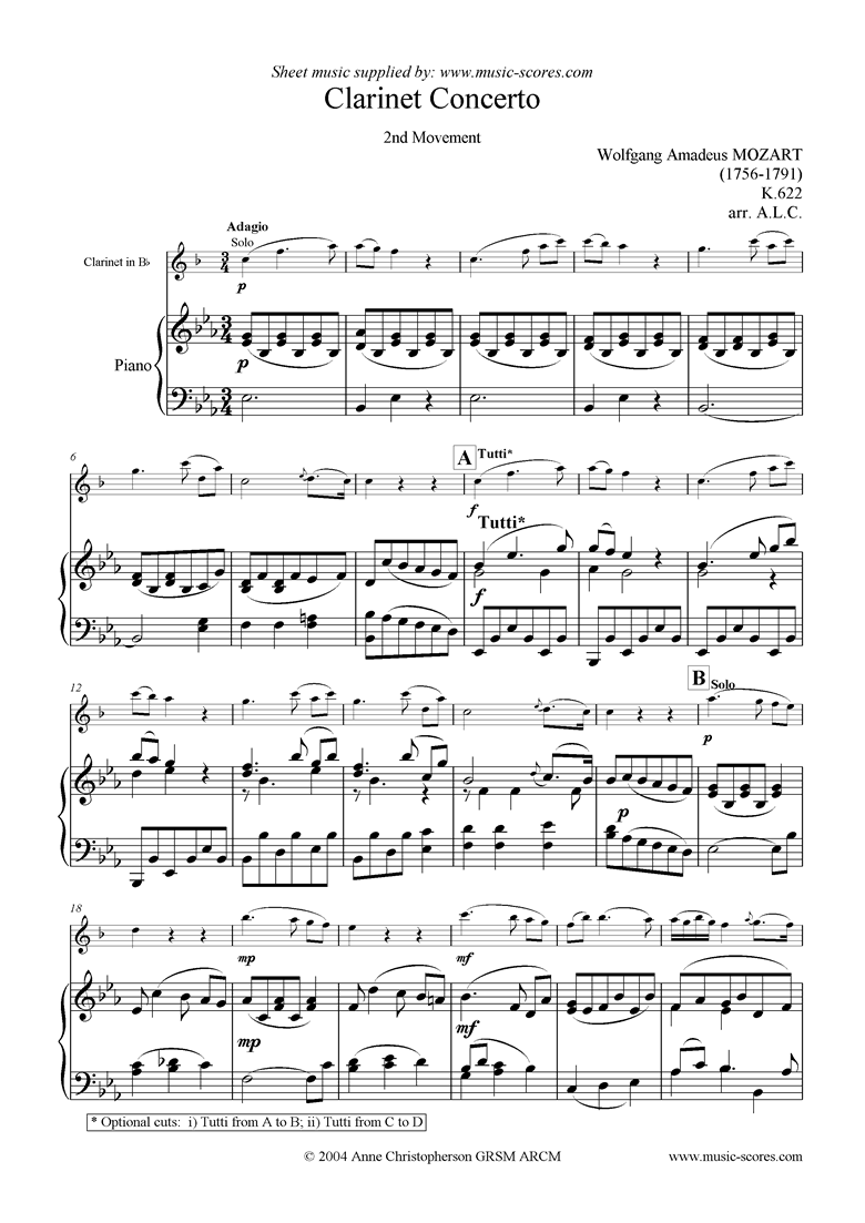 Front page of K622 Clarinet Concerto:Adagio:Cl in Bb, easy piano sheet music