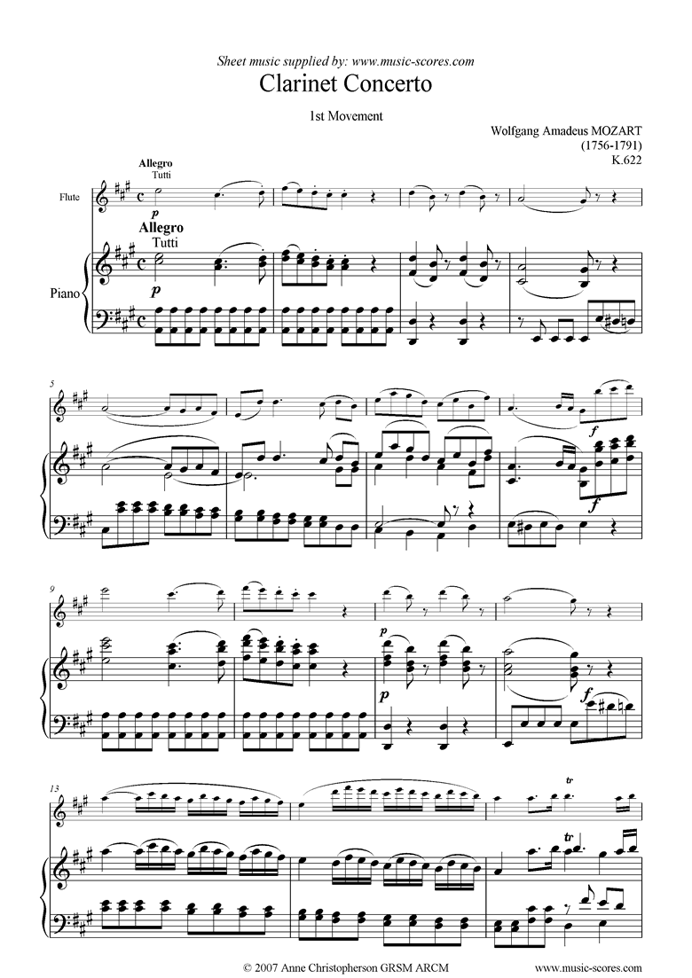 Front page of K622 Clarinet Concerto: 1st mvt: Flute sheet music