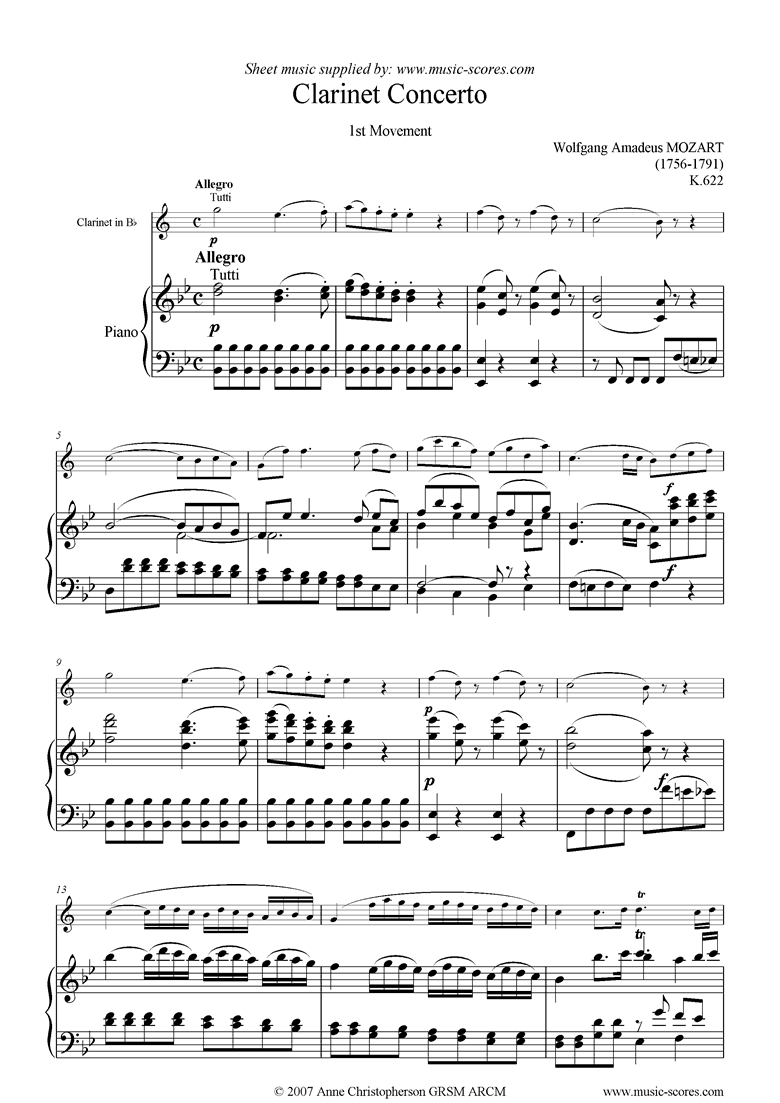 Front page of K622 Clarinet Concerto: 1st mvt: Bb Clarinet sheet music