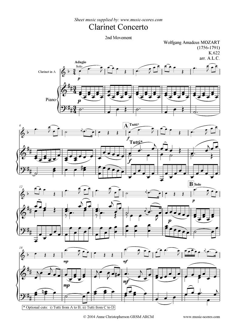 Front page of K622 Clarinet Concerto:Adagio:Cl in A, easy piano sheet music