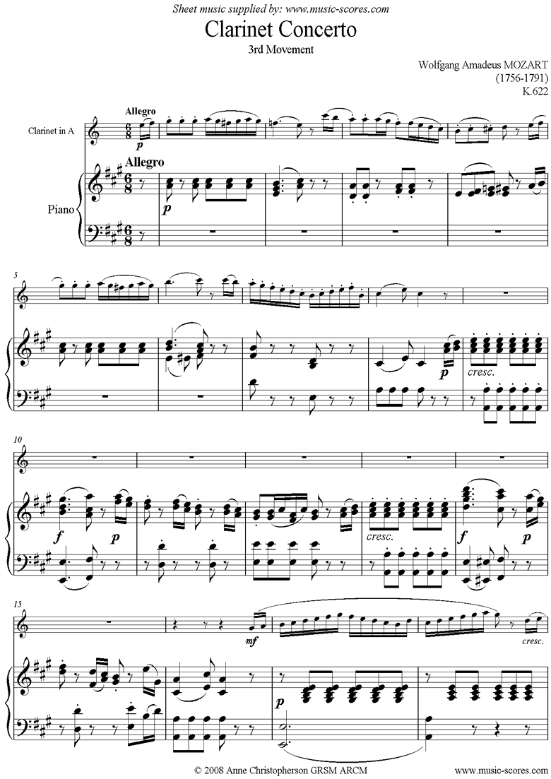 Front page of K622 Clarinet Concerto: 3rd mvt: Clarinet in A sheet music