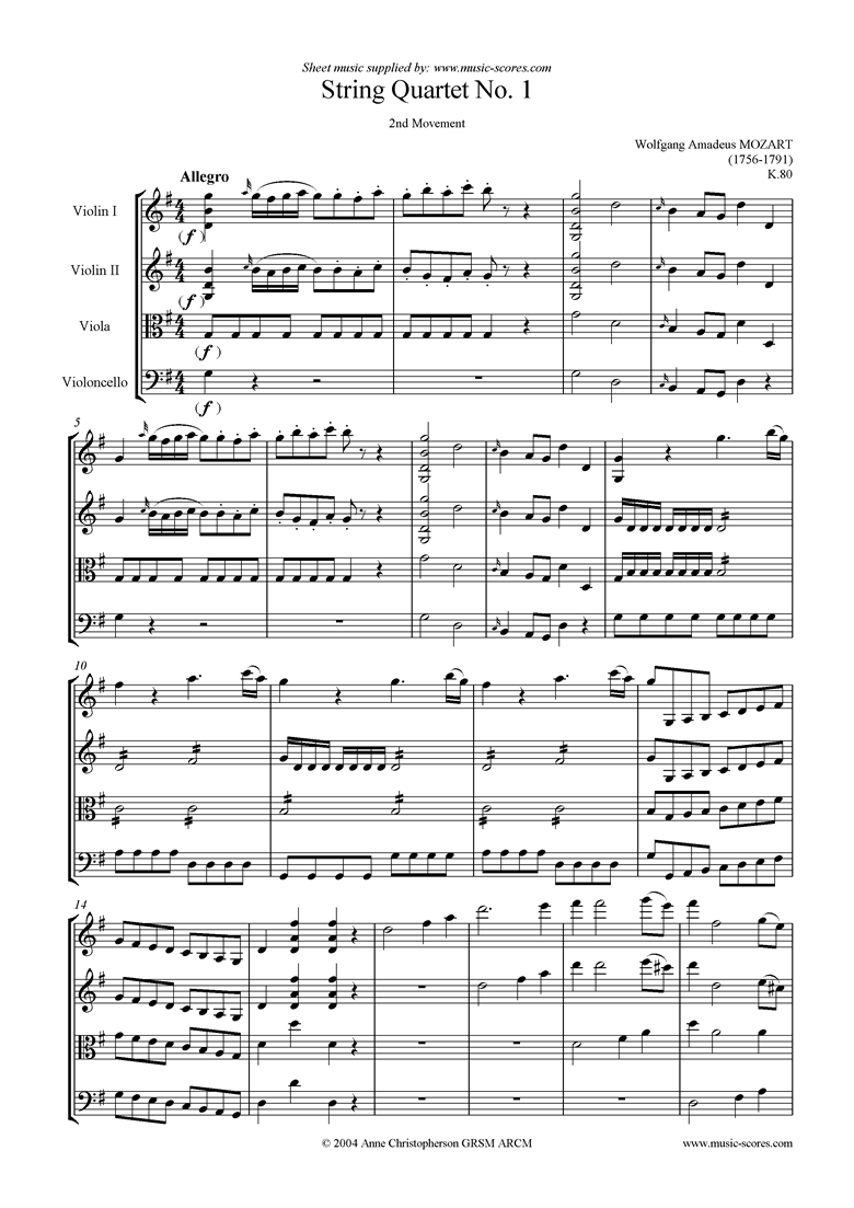 Front page of K080 String Quartet No 01: 2nd mvt Allegro sheet music