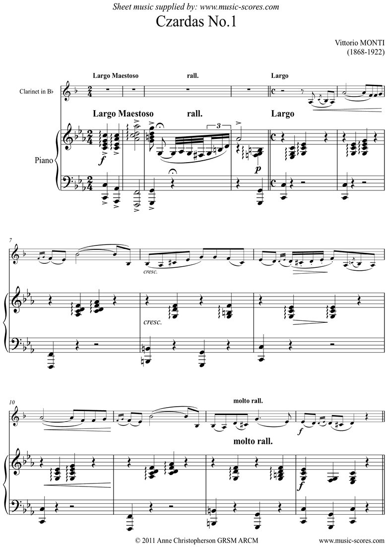 Front page of Czardas No.1: Clarinet sheet music
