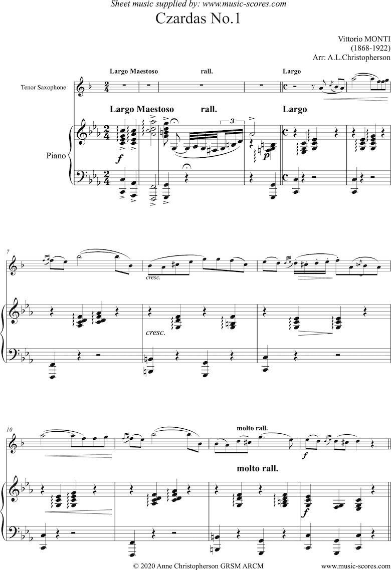 Front page of Czardas No.1: Tenor Sax sheet music