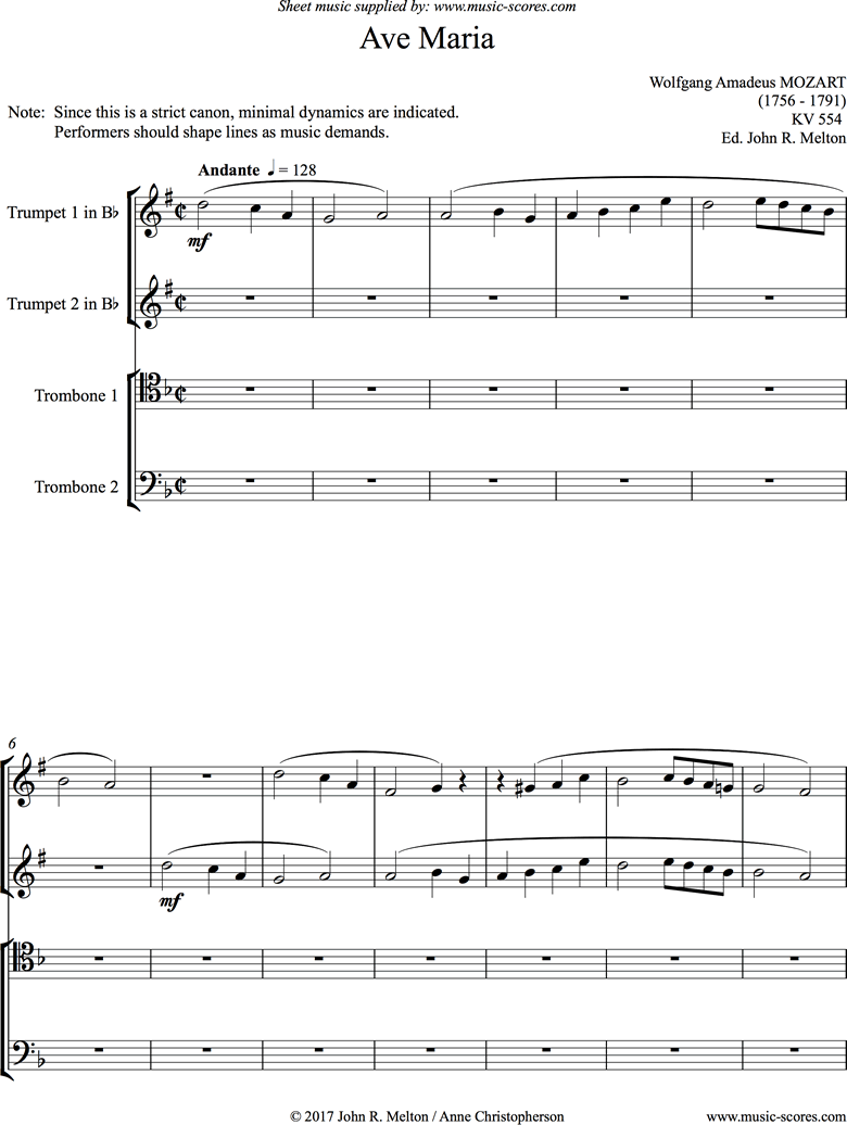K554 Ave Maria: Brass Quartet by Mozart