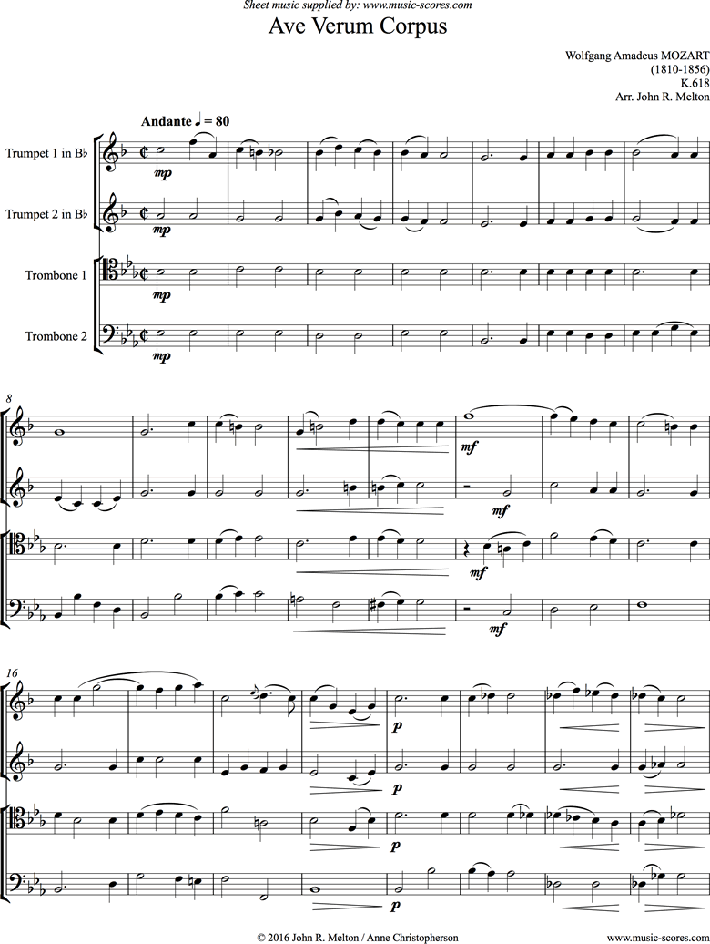 K618 Ave Verum: Brass Quartet by Mozart