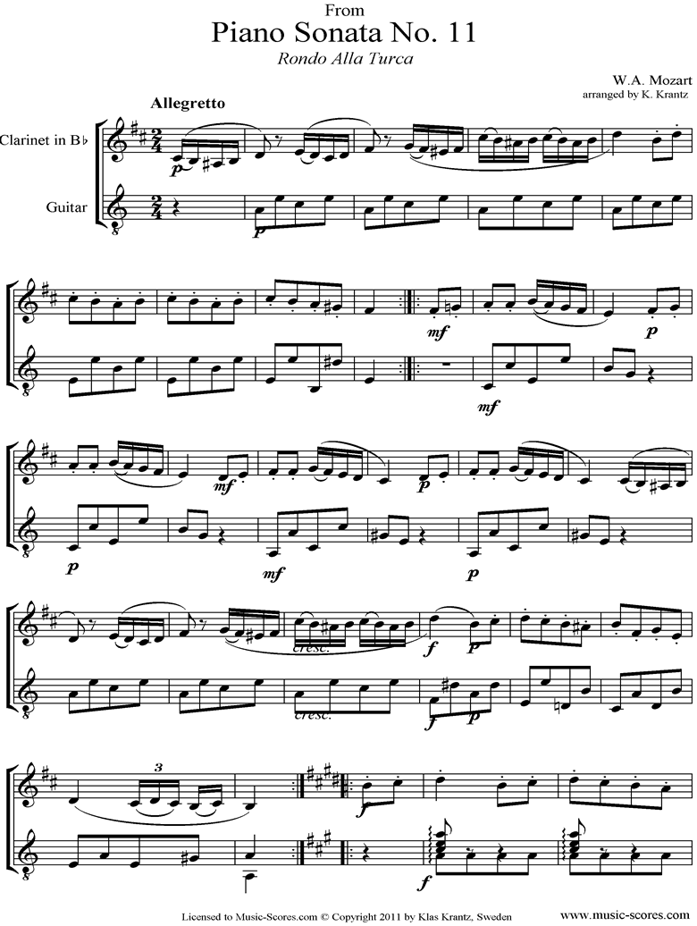 Front page of K331 Sonata in A, 3rd Movement: Alla Turca: Clarinet, Guitar sheet music