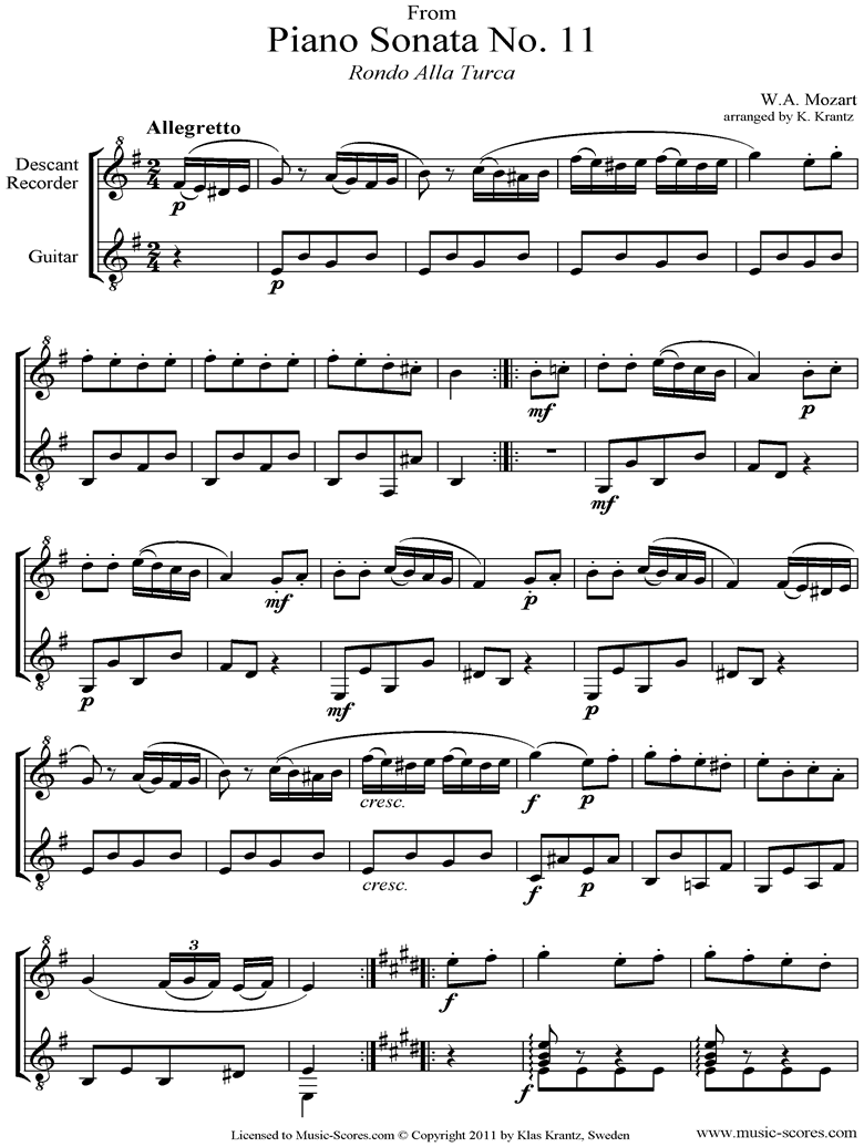Front page of K331 Sonata in A, 3rd Movement: Alla Turca: Descant Recorder, Guitar sheet music