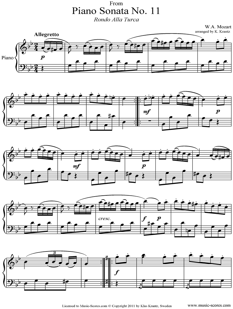Front page of K331 Sonata in A, 3rd Movement: Alla Turca: easy Piano sheet music