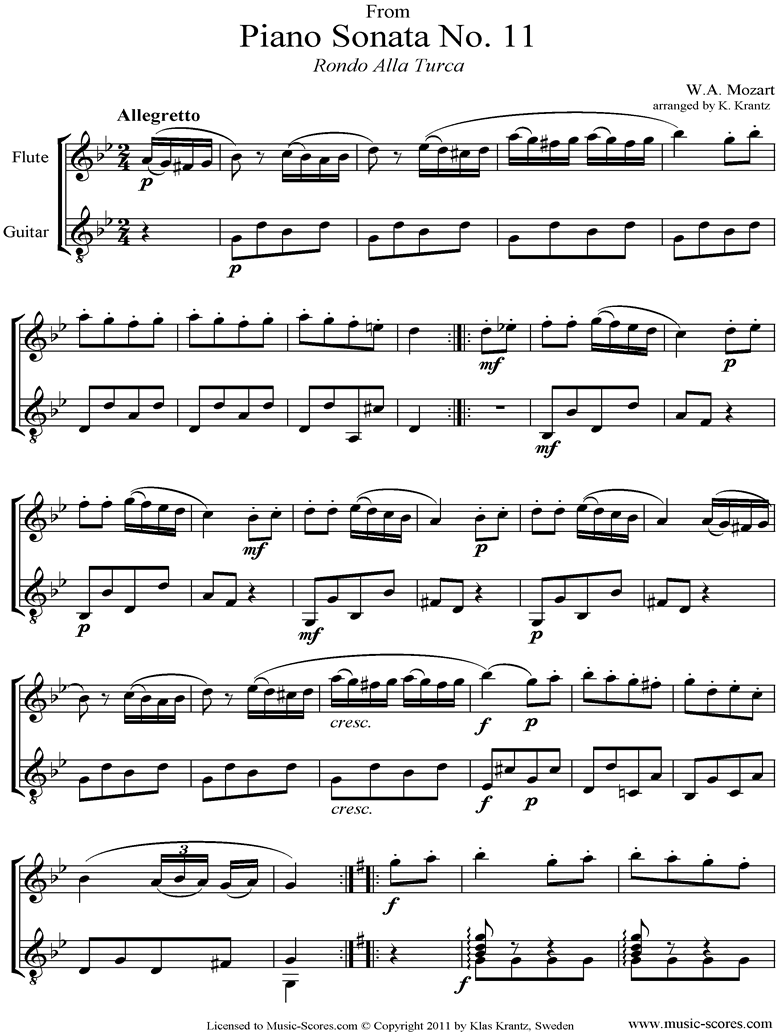 Front page of K331 Sonata in A, 3rd Movement: Alla Turca: Flute, Guitar sheet music