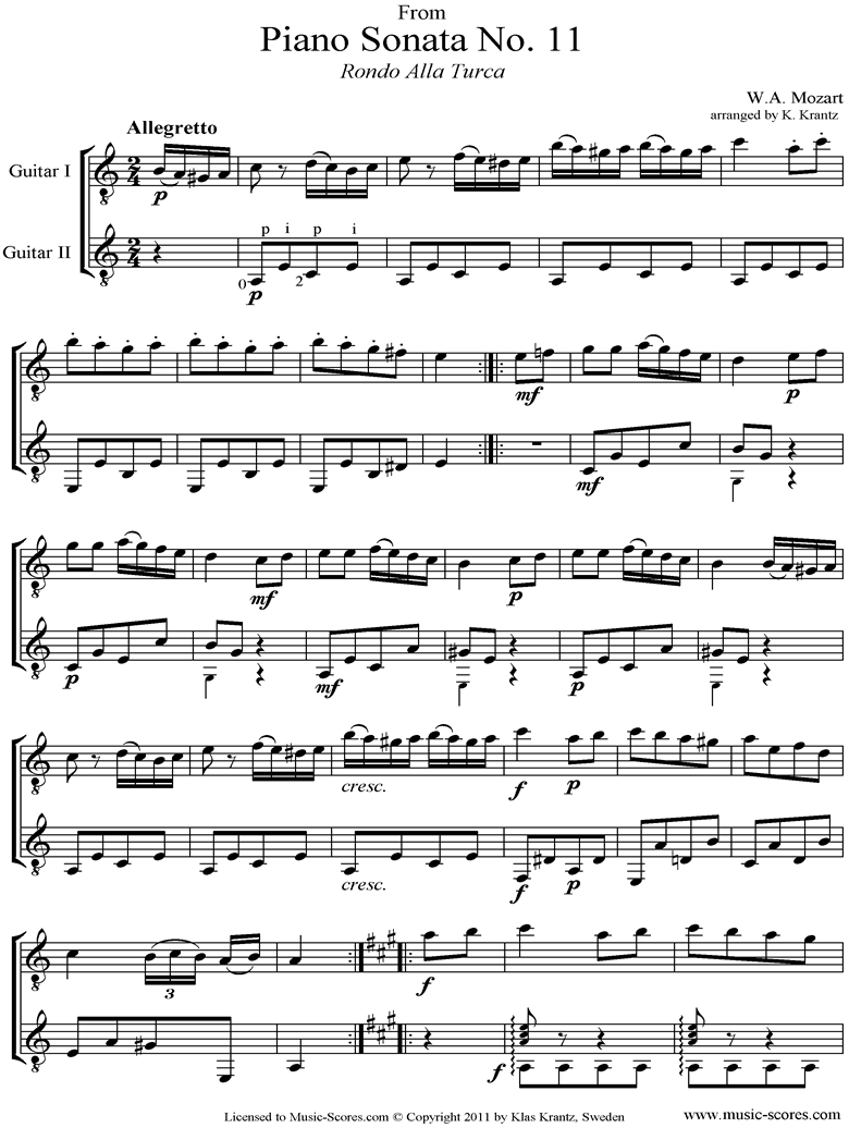 Front page of K331 Sonata in A, 3rd Movement: Alla Turca: Guitar Duet sheet music