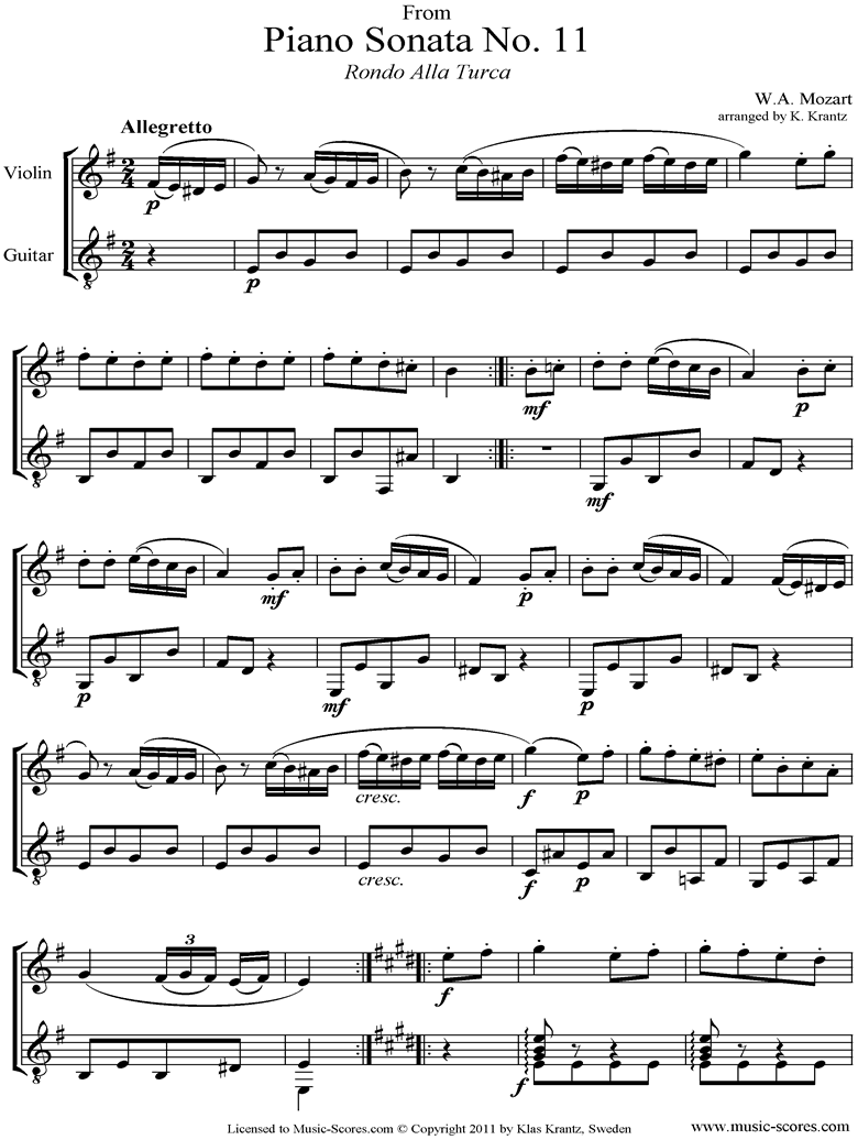 Front page of K331 Sonata in A, 3rd Movement: Alla Turca: Violin, Guitar sheet music