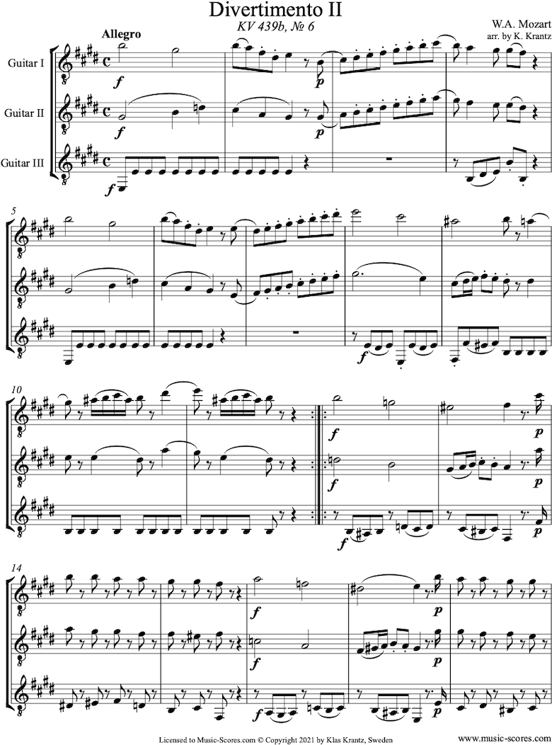 K439b, K.Anh229 Divertimento No 02: 1st mvt, Allegro: 3 Guitars by Mozart