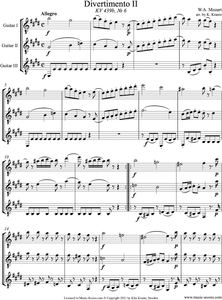 Front page of K439b, K.Anh229 Divertimento No 02: 1st mvt, Allegro: 3 Guitars sheet music