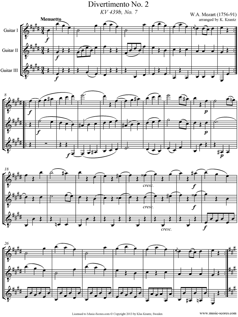 Front page of K439b, K.Anh229 Divertimento No 02: 2nd mvt, Minuet 3 Guitars. sheet music