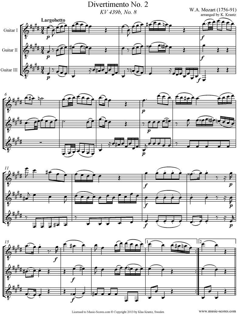 K439b, K.Anh229 Divertimento No 02: 3rd mvt, Larghetto: 3 Guitars by Mozart